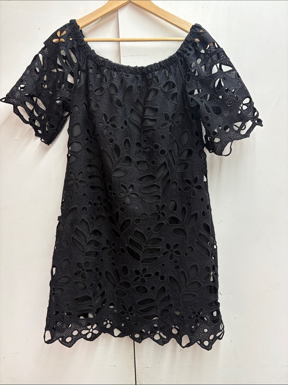 Black Off-Shoulder Eyelet Midi Dress with Floral Cutouts